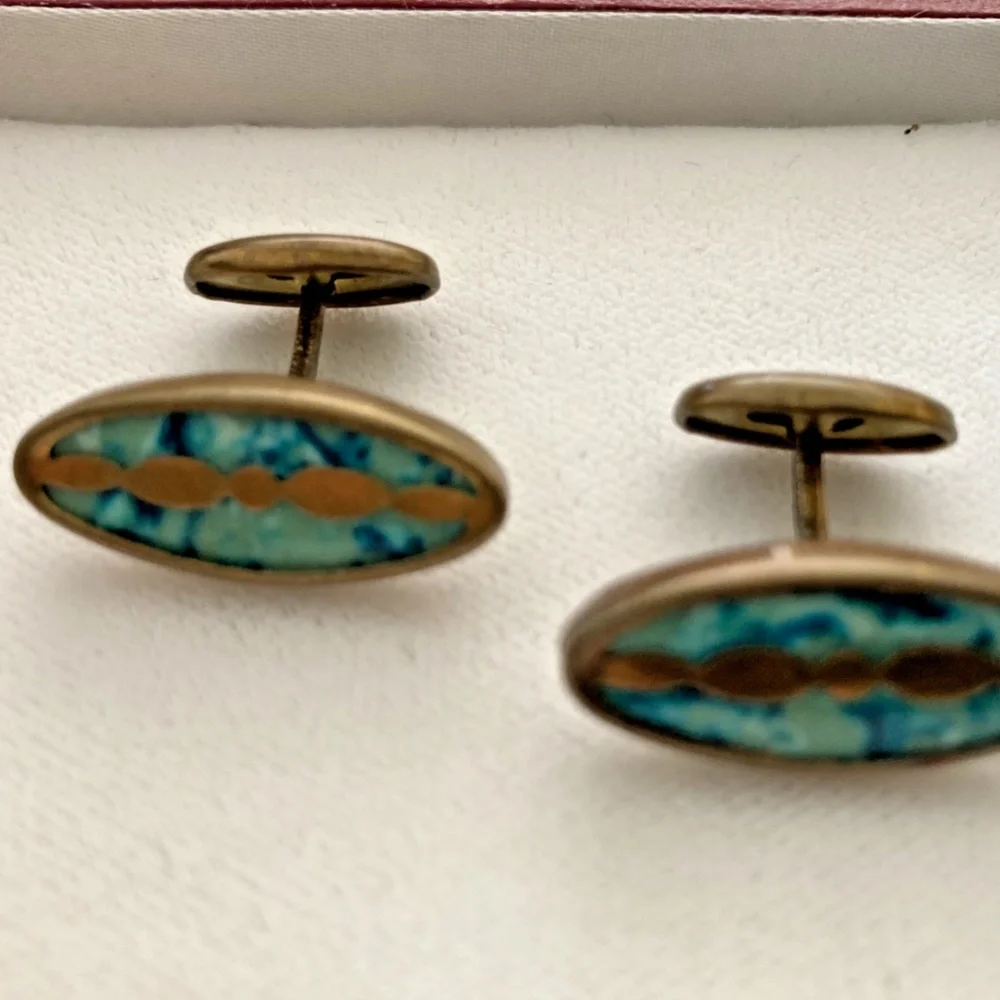 Vintage Early Art Deco Solid Brass Navette Turquoise Enamel Cufflinks